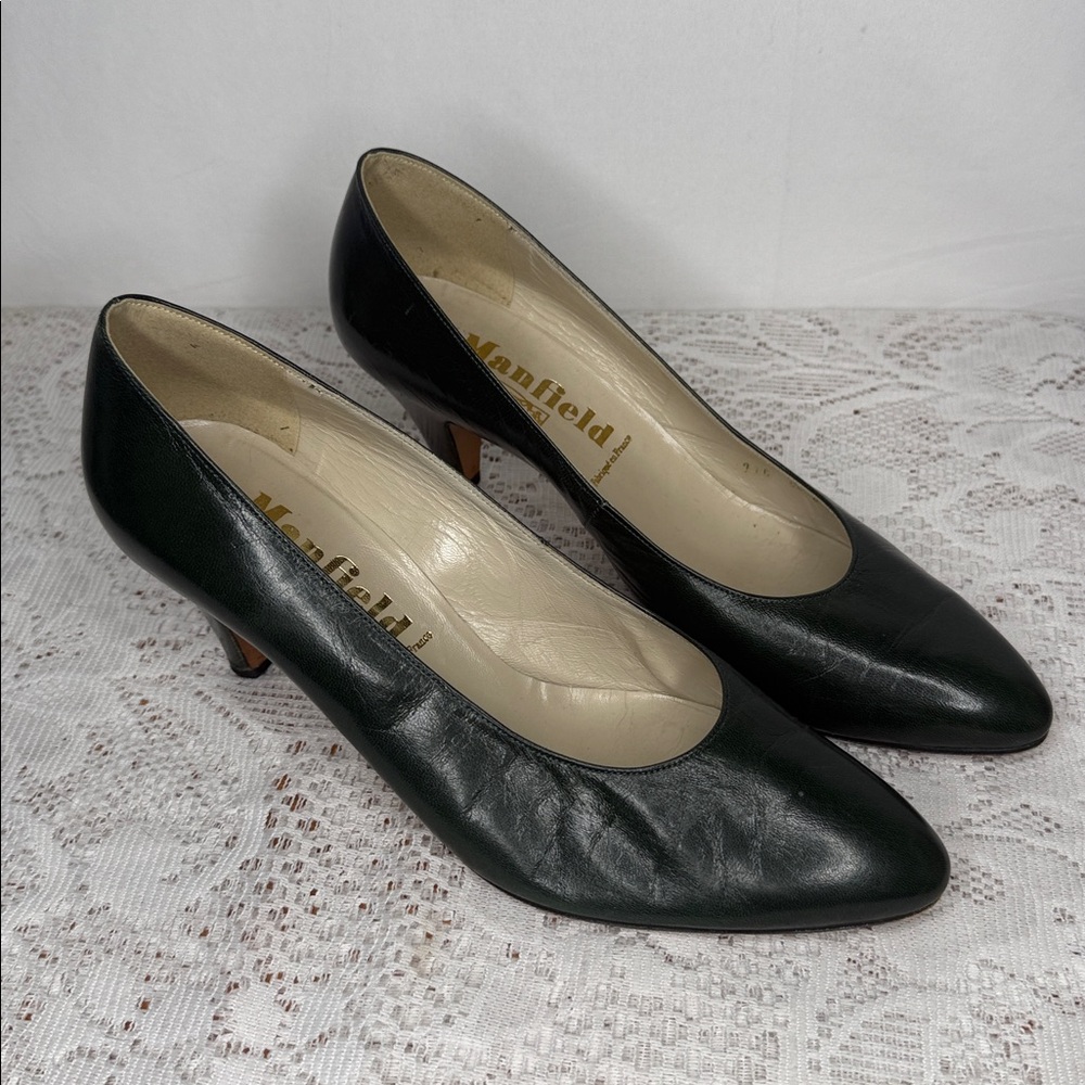 Vintage Manfield France high end leather dark green heels sz 8.5